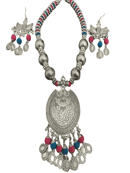 Necklace and Earrings Set in Oxidised Metal in ornate traditional design