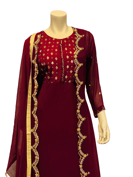 Maroon with Golden Line Anarkali Gown