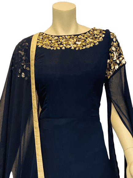 Dark Blue and Yellow Neck Anarkali Gown