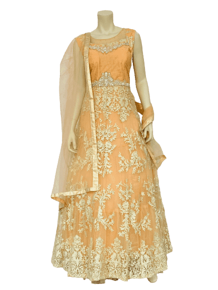 Yellow with white Design Anarkali Gown