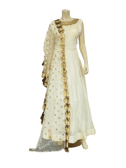 White with Golder Design Anarkali Gown